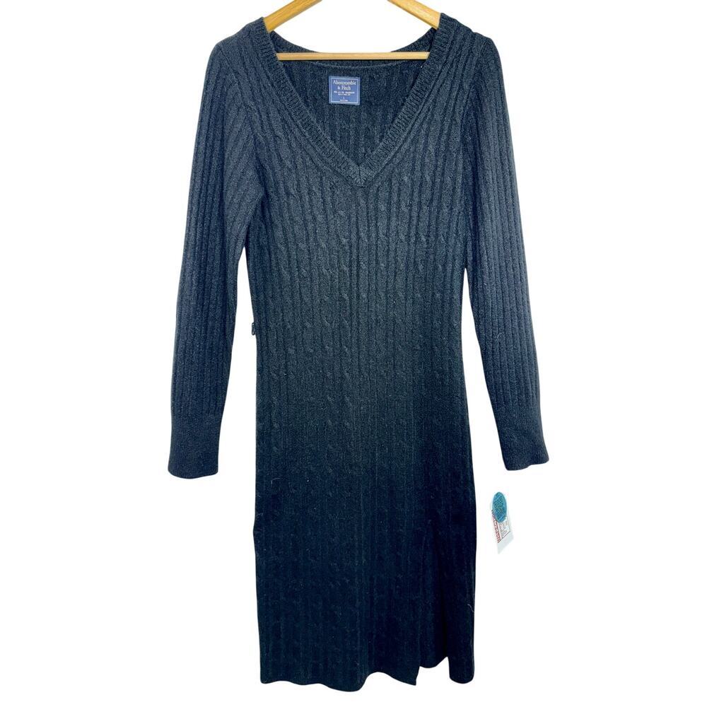 Abercrombie & Fitch Black Knit Slit V-Neck Long Sleeve Sweater Midi Dress Size L